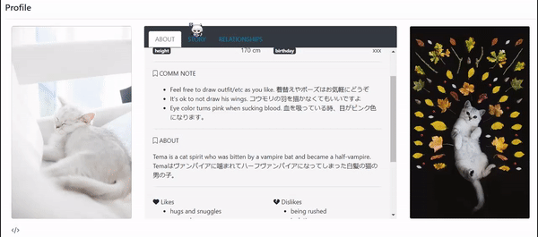 character profile with tabs